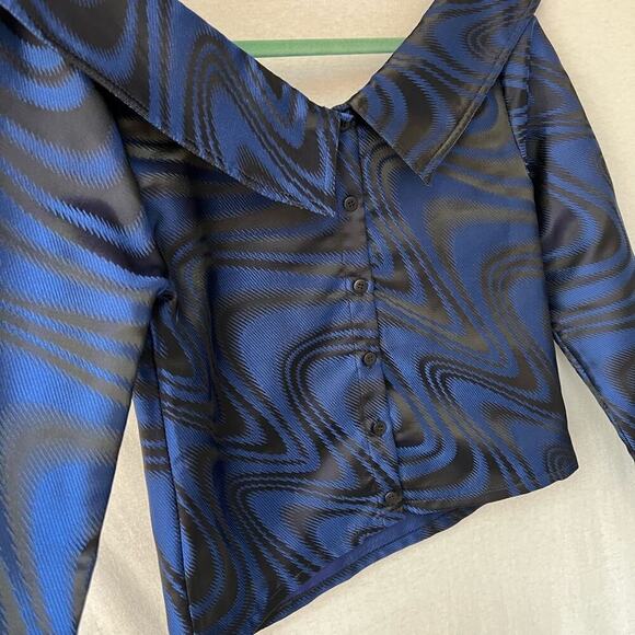 Opening Ceremony Blue Black Shiny Long Sleeve Formal Button Back Top - Picture 7 of 8